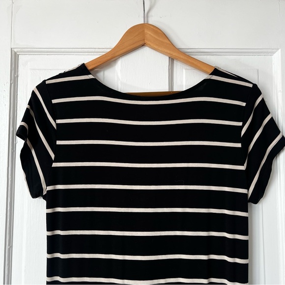 GARNET HILL Black Cream Striped Dress with Waist Tie, Large - Picture 7 of 8